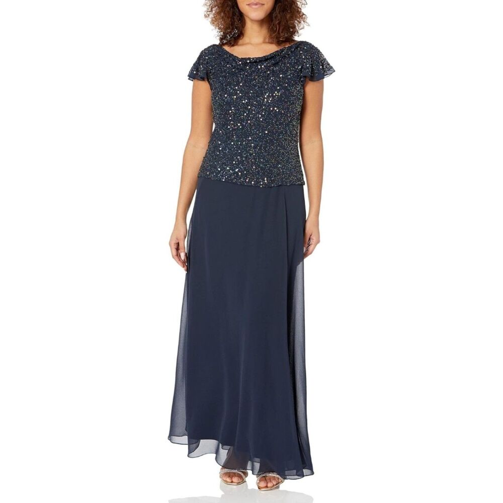 J Kara Women's One Size Long Beaded Cowl Neck Flutter Sleeve Gown Dress 20W